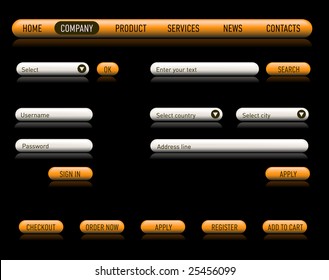 Website design set on a black. Consist of: menu, bar, buttons, checkbox, input text fields, drop down box.