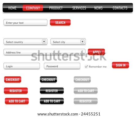 Website design set on a black. Consist of: menu, bar, buttons, checkbox, input text fields, drop down box.