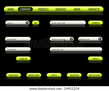 Website design set on a black. Consist of: menu, bar, buttons, checkbox, input text fields, drop down box.