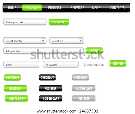 Website design set on a black. Consist of: menu, bar, buttons, checkbox, input text fields, drop down box.