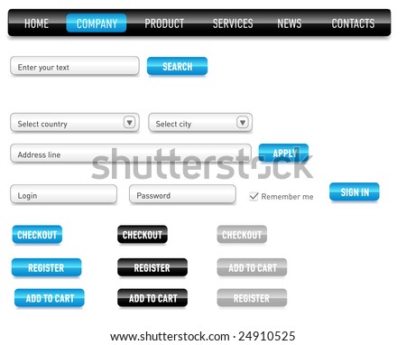 Website design set on a black. Consist of: menu, bar, buttons, checkbox, input text fields, drop down box.