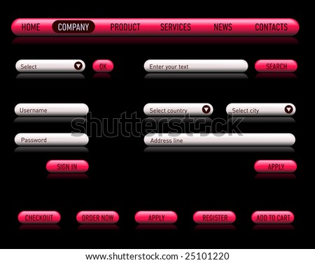 Website design set on a black. Consist of: menu, bar, buttons, checkbox, input text fields, drop down box.