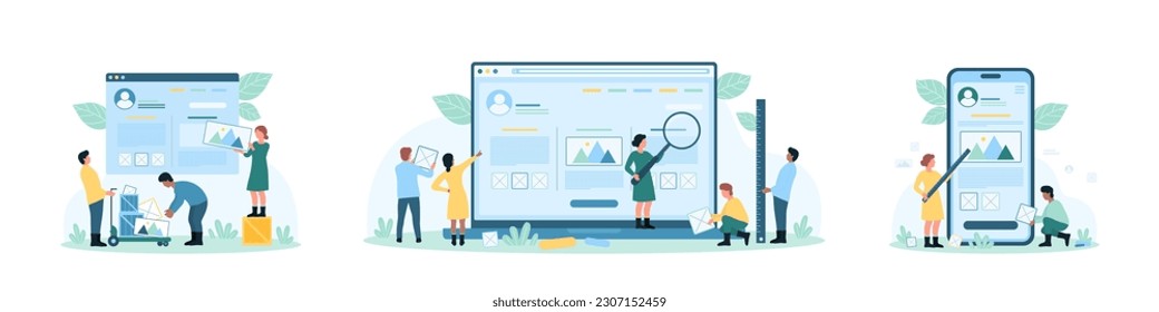 Website design set vector illustration. Cartoon tiny people building customizable wireframe of homepage, testing mobile app UI and software in laptop and phone, research content with magnifying glass