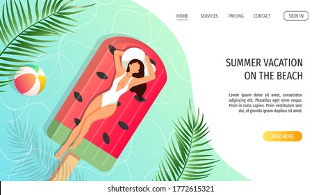 Website design for summer holidays, vacation, swimming, Leisure, Recreation. Beautiful woman swimming on the inflatable mattress. Vector illustration for poster, banner, flyer, web page.
