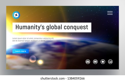 Website design template. Asymmetric background with sunrise and planet Earth