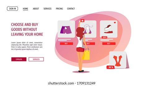 Website-Design-Vorlage für Bekleidungsgeschäft, Online-Shopping, Heimlieferung. Junge Frau, die sich in einem Online-Geschäft für Kleidung entscheidet. Vektorillustration-Illustration für Poster, Banner, Website, Werbung.