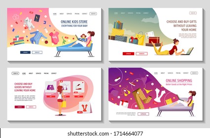 Website Design Template For Clothing Store, Online Shopping, Home Delivery. Young Woman Choosing Products In An Online Store. Vector Illustration For Poster, Banner, Website, Commercial.