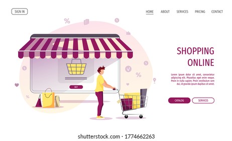 Website design template for E-commerce, Mobile app, Marketing, Online Shopping, Store. Man with purchases and tablet with striped awning. Vector illustration.