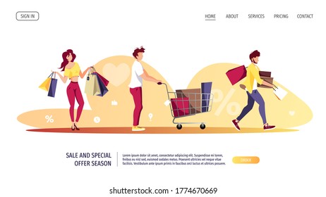 Website design template for E-commerce, Shopping, Store, Black friday, Sale, Purchasing. People with shopping cart and purchases. Vector illustration.