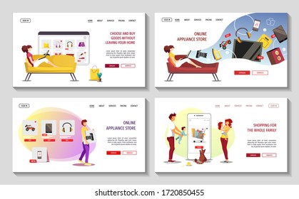 Website Design Template For Family Store, Online Shopping, Home Delivery, Appliance Store, E-commerce. People Choosing And Buying Products. Vector Illustration For Poster, Banner, Website, Commercial.