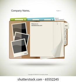 Website design template, folder with papers and photo cards