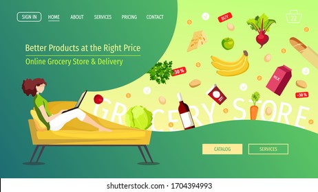 Website design template for Grocery store, Shopping, Online Market, Home delivery. Young woman sitting on the sofa and ordering food. Vector illustration for poster, banner, website, commercial.