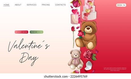 Website design template. Happy Valentine's day, shop, web concept. Teddy bears, gifts, roses isolated on dark. Vector illustration for poster, banner, website, advertising