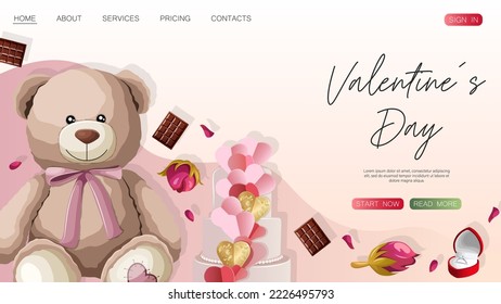 Website design template. Happy Valentine's day, shop, web concept. Teddy bears, gifts, roses, chocolates isolated on pink. Vector illustration for poster, banner, website, advertising