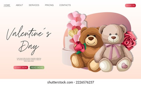 Plantilla de diseño del sitio web. Feliz Día de San Valentín, tienda, concepto web. Osos de peluche, regalos, rosas, tortas aisladas en rosa. Ilustración vectorial para afiches, banner, sitio web, publicidad