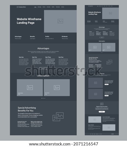 Website design template. Landing page site dark mode layout.