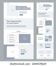 Website design template. Modern wireframe landing page for development. Flat one page site. UI UX elements. 