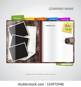 Website design template with open agenda and instant photos