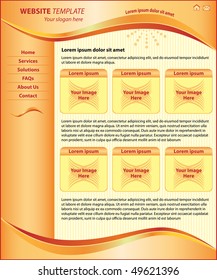 Website design template, orange header, footer and sidebar. Layout includes six boxes for images and ample space for text.