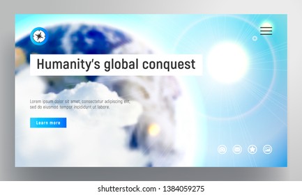 Website design template. Planet Earth behind the clouds in the blue sky illuminated by the sun. 