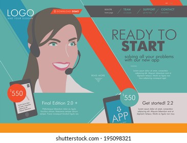 Website design template with the portrait of woman.