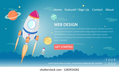 Website  Design template, Rocket flying in space with planet, concept for business startup, product launching, vector illustration.
