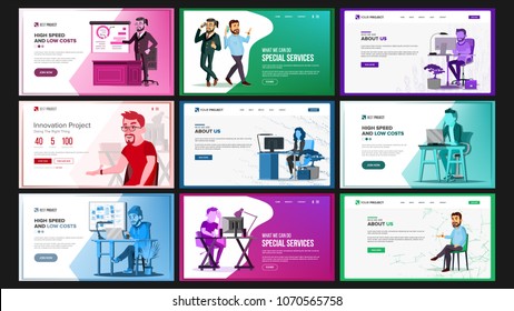 Website Design Template Set Vector. Business Project. Financial Management. Landing Page, Web, Site. Web Design And Development Architecture. Monitoring And Optimization. Cartoon Team. Illustration