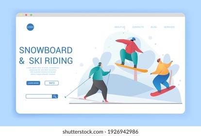 Webdesign-Vorlage für Snowboarden und Skifahren im Winter, die Snowboarder und Skifahrer bei verschiedenen Aktivitäten im Schnee zeigt, farbige Vektorgrafik. Website, Vorlage für die Zielseite