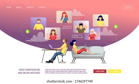 Website design template for Video conferencing, Online meeting, Work at home, Distance learning. Group of people talking by internet. Vector illustration for poster, banner, website, advertising.