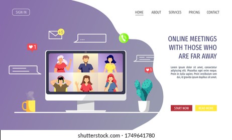 Website design template for Video conferencing, Online meeting, Work at home, Distance learning. Laptop screen with chatting people. Vector illustration for poster, banner, website, advertising.