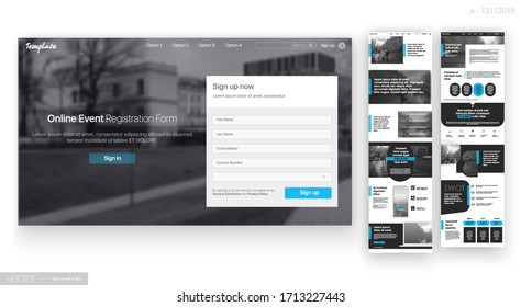 Plantilla de diseño del sitio web. Diseño de UX de UI web. Interfaz de usuario corporativa. Formulario de registro de eventos en línea. Ilustración vectorial. EPS 10