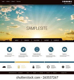 Website Design Template for Your Business with Sunset Photo Background - Clouds, Sun, Sun Rays