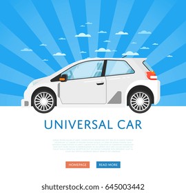 Website design with universal city car. Comfortable family car on blue striped background, modern auto vehicle banner. Auto business, sale or rent transport online service vector illustration concept