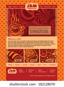 Website design vector template for cafe, bistro, restaurant and patisserie on the orange background