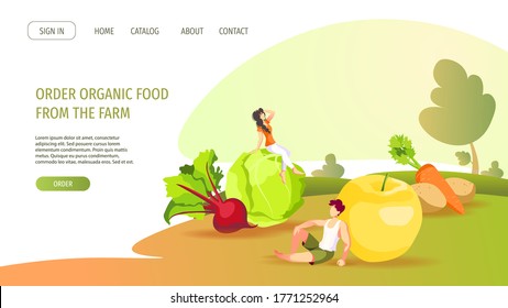 Website design with vegetables, fruit and tiny people. Healthy eating, Organic food, Diet, Fram fresh food, Online market, Harvest concept. Vector illustration for poster, banner, web page, flyer.