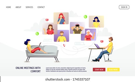Website design for Video conferencing, Online meeting, Work at home, Distance learning, communication. Group of people talking by internet. Vector illustration for poster, banner, website, commercial.