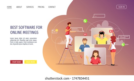Website design for Video conferencing, Online meeting, Work at home, Distance learning, Communication. Group of people talking by internet. Vector illustration for poster, banner, commercial, flyer.
