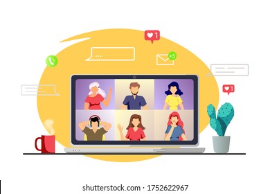 Website design for Video conferencing, Online meeting, Work at home, Distance learning, Communication. Group of people talking by internet. Vector illustration for poster, banner, presentation, flyer.