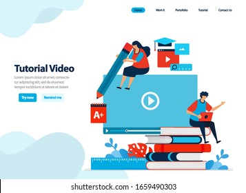website design of video tutorials and webinar digital courses. learning and training with videos and ebooks. Flat illustration for landing page template, ui ux, website, mobile app, flyer, brochure