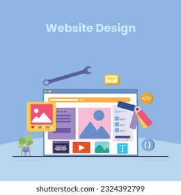 Website design, web development concept. Web design, application design, coding, and web building on blue background.