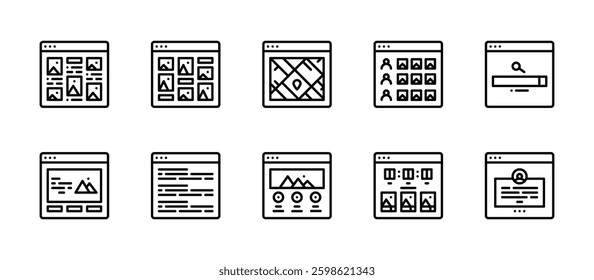website design webpage layout icons. outline minimal style icon set