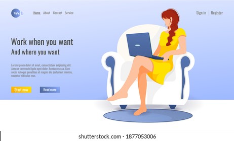 Website design. Woman with laptop sitting on the armchair. Work frome home, freelance, studying concept. Vector illustration for flyer, poster, banner, website development.