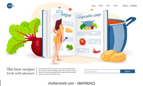 Website design, woman reading recipe, recipe book, pan with soup, vegetables. Recipes, homemade food, food preparation, learning concept. Vector illustration for poster, banner, website development.