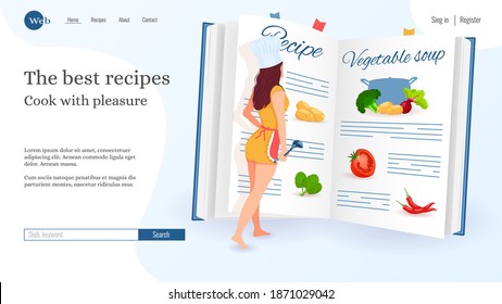 Website design, Woman reading recipe. Recipes, homemade food, food preparation, learning concept. Vector illustration for poster, banner, website development.