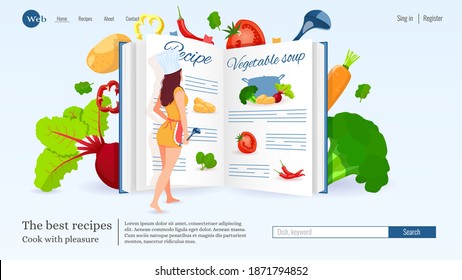 Website design, Woman reading the recipe, Recipe book and Vegetables around. Recipes, homemade food, food preparation, learning concept. Vector illustration for poster, banner, website development.