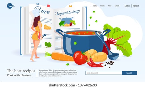 Website design, woman reading recipe, recipe book, pan with soup, vegetables. Recipes, homemade food, food preparation, learning concept. Vector illustration for poster, banner, website development.