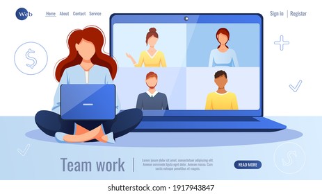 WEbsite design. Woman sitting with laptop and working online. Video call, freelance, finance, working online concept. Vector illustration for poster, banner, advertising, website development. 