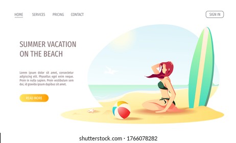 Website design with woman sitting on the seashore sand with surfboard . Vector Illustration for Beach Holidays, Summer vacation, Leisure, Recreation, Surfing.