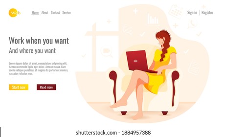 Website design. Woman sitting on the armchair and working on laptop. Home office, freelance, studying concept. Vector illustration for poster, banner, website development.