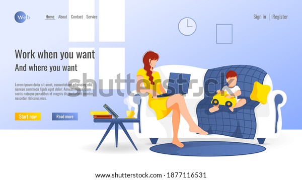 Website design. Woman sitting on the sofa
with laptop and near her baby playing with car. Work frome home,
freelance, studying concept. Vector illustration for flyer, poster,
website development.